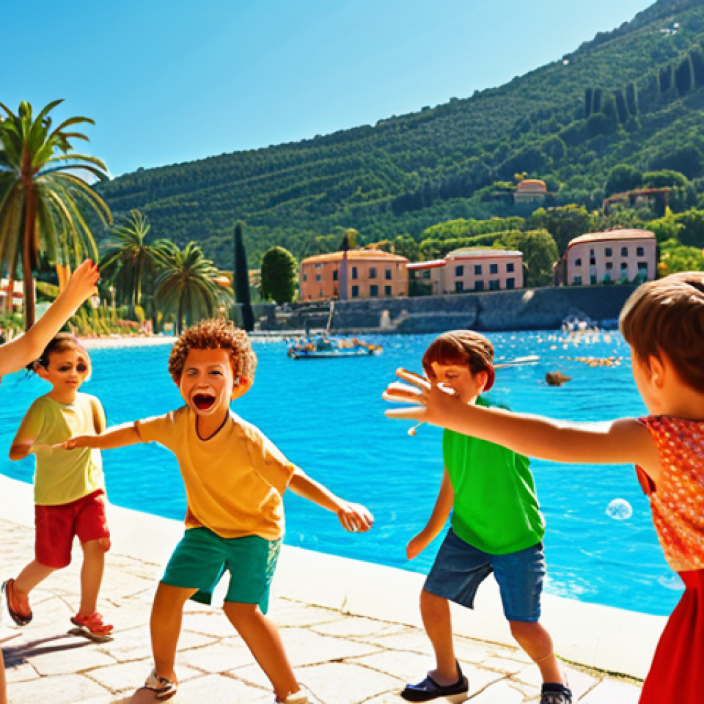 **A vibrant, energetic tourist animator leading a group of happy children in a game at a sunny Italian resort. Focus on the animator's enthusiastic expression and the children's joyful participation. Background includes palm trees and a sparkling blue sea. (Emphasis on creating "indimenticabili" experiences).**