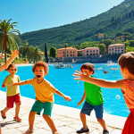 **A vibrant, energetic tourist animator leading a group of happy children in a game at a sunny Italian resort. Focus on the animator's enthusiastic expression and the children's joyful participation. Background includes palm trees and a sparkling blue sea. (Emphasis on creating "indimenticabili" experiences).**