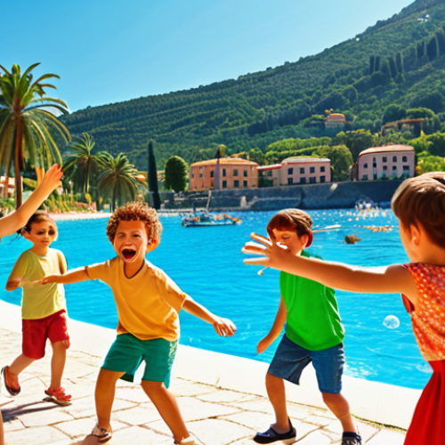 Home 11 **A vibrant, energetic tourist animator leading a group of happy children in a game at a sunny Italian resort. Focus on the animator's enthusiastic expression and the children's joyful participation. Background includes palm trees and a sparkling blue sea. (Emphasis on creating "indimenticabili" experiences).**
