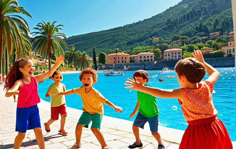 **A vibrant, energetic tourist animator leading a group of happy children in a game at a sunny Italian resort. Focus on the animator's enthusiastic expression and the children's joyful participation. Background includes palm trees and a sparkling blue sea. (Emphasis on creating "indimenticabili" experiences).**