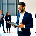 An Italian professional modern animator, mid-30s, standing and holding an interactive tablet, with a warm, engaged smile. They are gesturing slightly, as if explaining an activity to a diverse group of fully clothed participants blurred in the background of a vibrant, well-lit cultural event space. The scene highlights the blend of technology and human connection in modern animation, with soft ambient lighting. The animator is in modest, contemporary professional attire. safe for work, appropriate content, fully clothed, professional, perfect anatomy, correct proportions, natural pose, well-formed hands, proper finger count, natural body proportions, high-quality, professional photography.