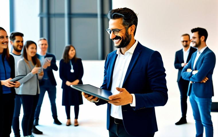 An Italian professional modern animator, mid-30s, standing and holding an interactive tablet, with a warm, engaged smile. They are gesturing slightly, as if explaining an activity to a diverse group of fully clothed participants blurred in the background of a vibrant, well-lit cultural event space. The scene highlights the blend of technology and human connection in modern animation, with soft ambient lighting. The animator is in modest, contemporary professional attire. safe for work, appropriate content, fully clothed, professional, perfect anatomy, correct proportions, natural pose, well-formed hands, proper finger count, natural body proportions, high-quality, professional photography.