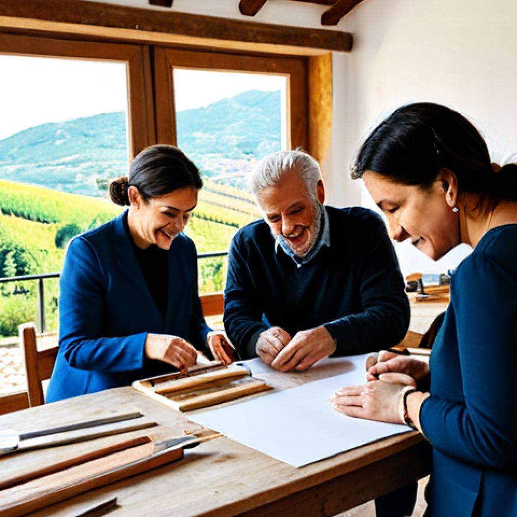 A diverse group of adults, fully clothed in modest, professional attire, enthusiastically engaging in a hands-on creative workshop focused on traditional Italian crafting. They are concentrated on intricate projects at well-organized wooden tables in a bright, airy studio. The background features large windows offering a scenic view of an Italian countryside. Natural light streams in, highlighting the detailed work and focused expressions. Professional photography, high-resolution, sharp focus, vibrant colors, perfect anatomy, correct proportions, natural poses, well-formed hands, proper finger count, natural body proportions, safe for work, appropriate content, family-friendly, modest clothing.