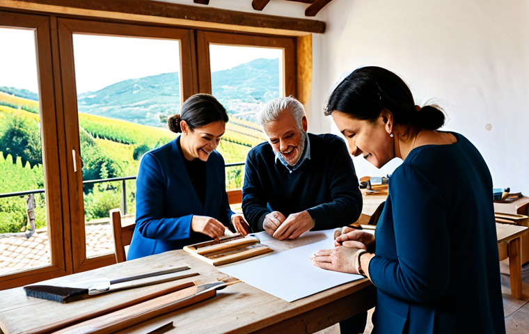A diverse group of adults, fully clothed in modest, professional attire, enthusiastically engaging in a hands-on creative workshop focused on traditional Italian crafting. They are concentrated on intricate projects at well-organized wooden tables in a bright, airy studio. The background features large windows offering a scenic view of an Italian countryside. Natural light streams in, highlighting the detailed work and focused expressions. Professional photography, high-resolution, sharp focus, vibrant colors, perfect anatomy, correct proportions, natural poses, well-formed hands, proper finger count, natural body proportions, safe for work, appropriate content, family-friendly, modest clothing.