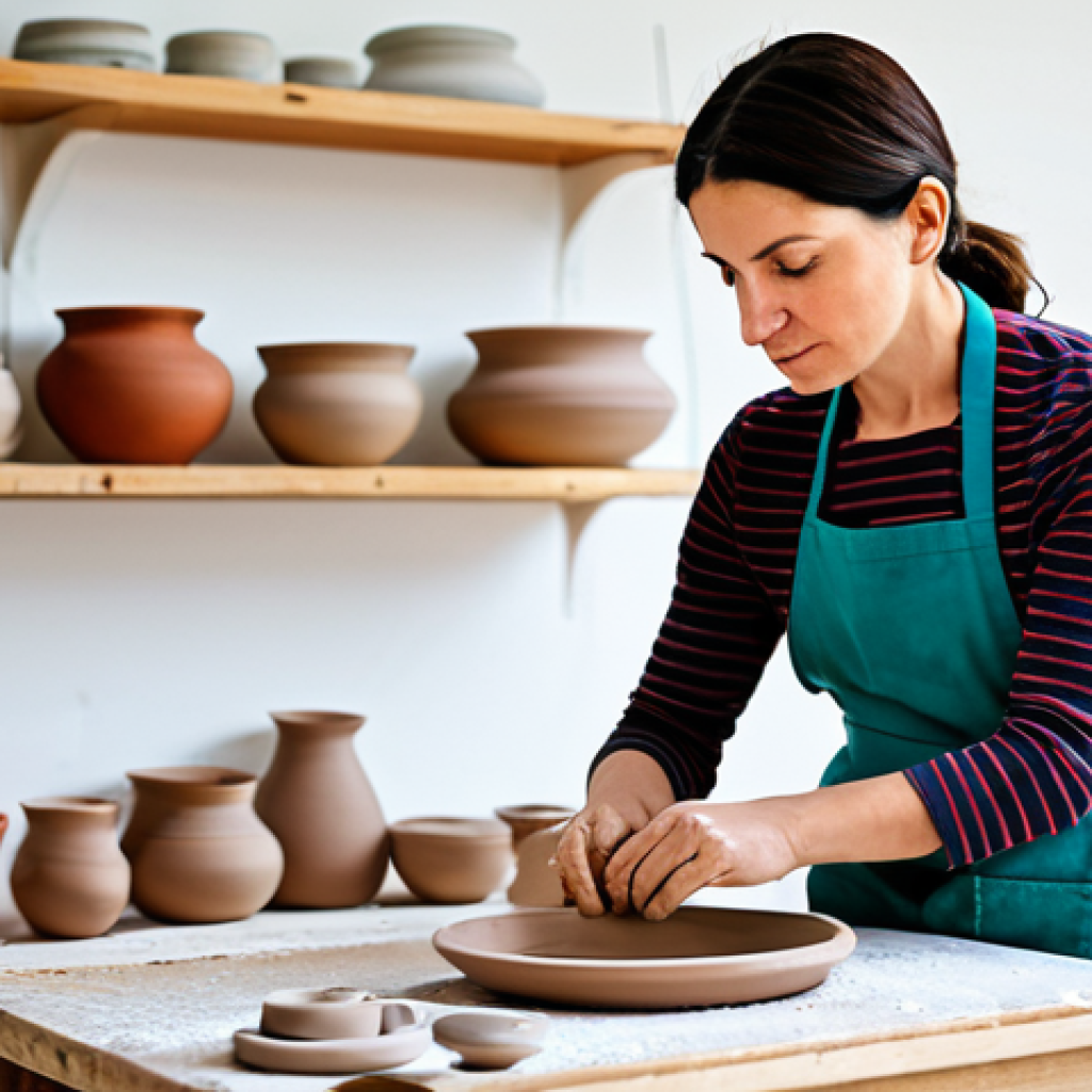 Learning a New Skill**

"A woman in her 30s, fully clothed in modest casual attire, intently focused on learning Italian pottery techniques in a bright, airy studio. She's wearing an apron and has well-formed hands carefully shaping clay. Natural lighting, realistic, professional photography, perfect anatomy, correct proportions, safe for work, appropriate content, family-friendly, professional."

**