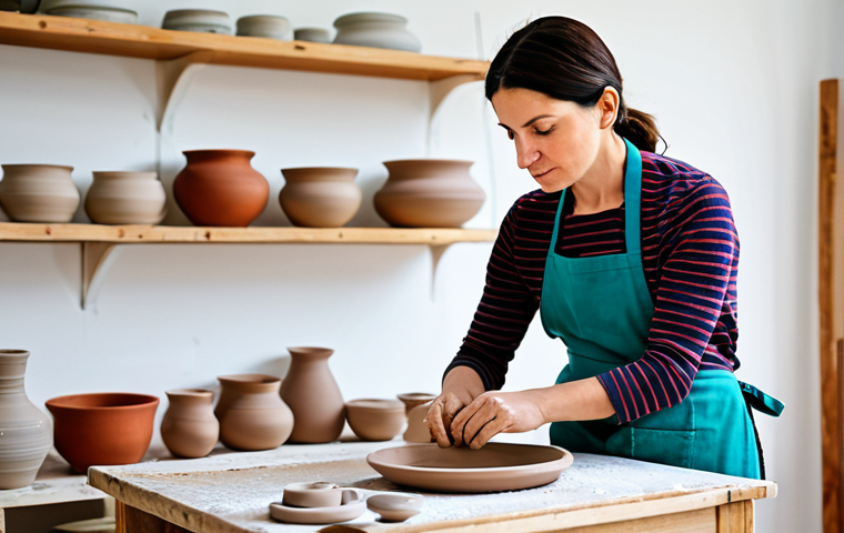 Learning a New Skill**
"A woman in her 30s, fully clothed in modest casual attire, intently focused on learning Italian pottery techniques in a bright, airy studio. She's wearing an apron and has well-formed hands carefully shaping clay. Natural lighting, realistic, professional photography, perfect anatomy, correct proportions, safe for work, appropriate content, family-friendly, professional."
**