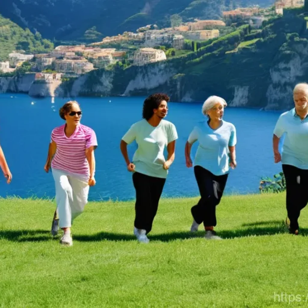 레크리에이션 지도자 직무 수행 가이드 - **A modern recreational leader guiding a diverse group in a picturesque Italian setting, emphasizing...