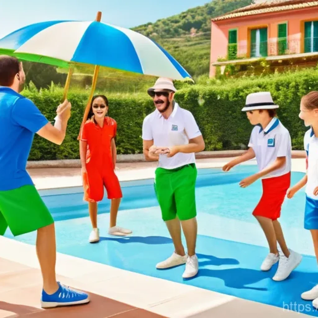 레크리에이션 지도자 직무 설명서 - **Vibrant Italian Resort Animator Engaging Guests in a Daytime Activity**
"An energetic male and...