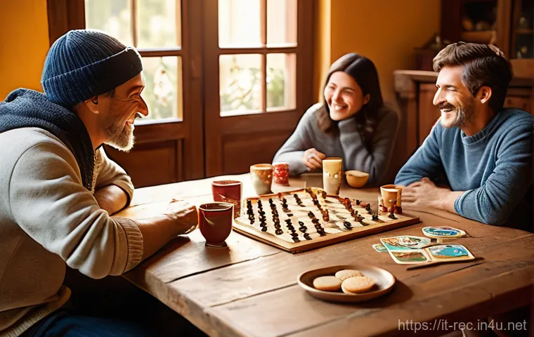 레크리에이션 활동의 사회적 가치 - **Prompt 1: Authentic Connections over Board Games**
    A diverse group of 4-5 friends, aged late 2...
