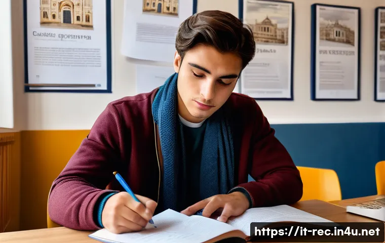 레크리에이션 자격시험 기출문제 분석 - A modern study room with a young adult Italian student focused on exam preparation, surrounded by op...
