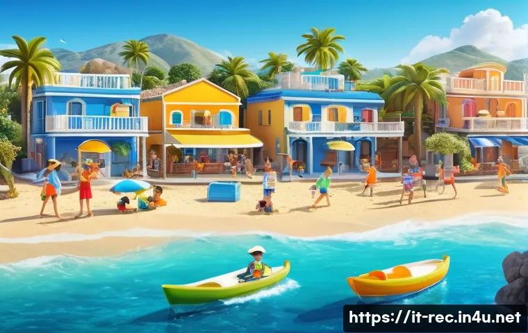 레크리에이션 지도자와 글로벌 커리어 - A lively Mediterranean beach resort animation scene in Spain during summer, featuring a diverse grou...