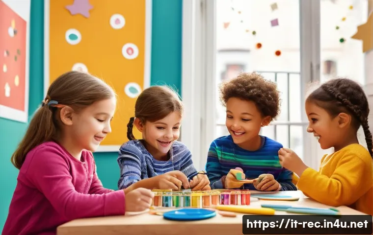 레크리에이션 지도자와 연말 연휴 계획 - A vibrant holiday scene featuring a group of children aged 3-12 engaged in creative workshops and in...