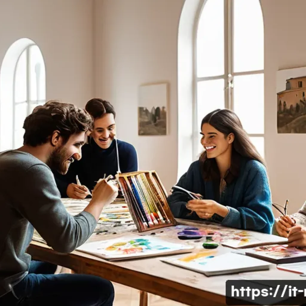 레크리에이션 지도자 일기 작성 노하우 - A cozy, well-lit room where a group of diverse Italian young adults participate in a creative painti...