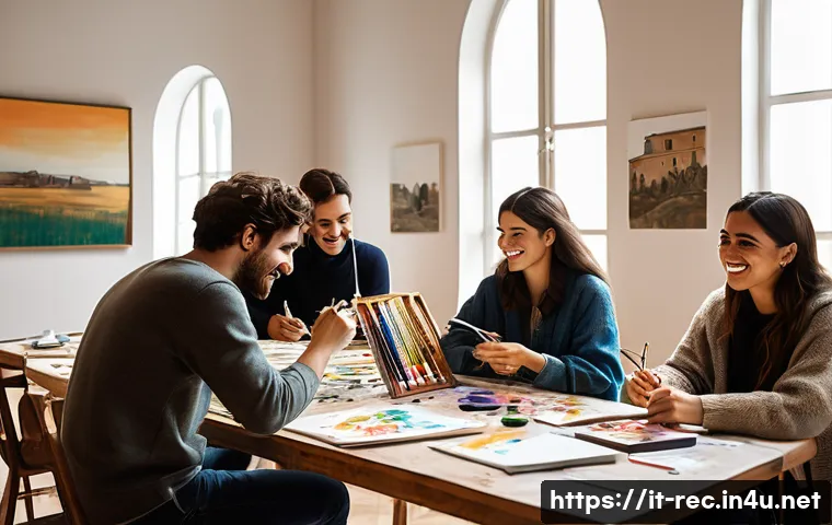 레크리에이션 지도자 일기 작성 노하우 - A cozy, well-lit room where a group of diverse Italian young adults participate in a creative painti...