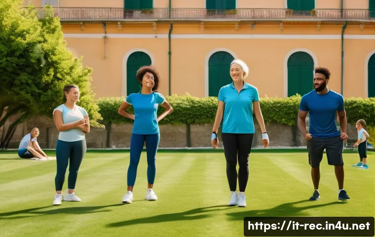 레크리에이션 지도자의 커리어 패스 - A diverse group of recreational activity instructors leading an outdoor sports session in a sunny It...