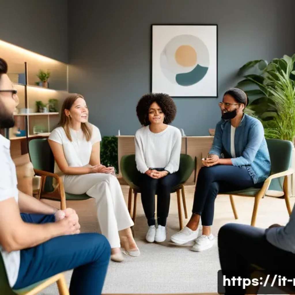 레크리에이션 지도자와 클라이언트 관계 구축 - A warm and inviting group therapy session in a bright, modern room with diverse adults sitting in a ...
