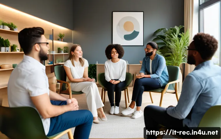 레크리에이션 지도자와 클라이언트 관계 구축 - A warm and inviting group therapy session in a bright, modern room with diverse adults sitting in a ...