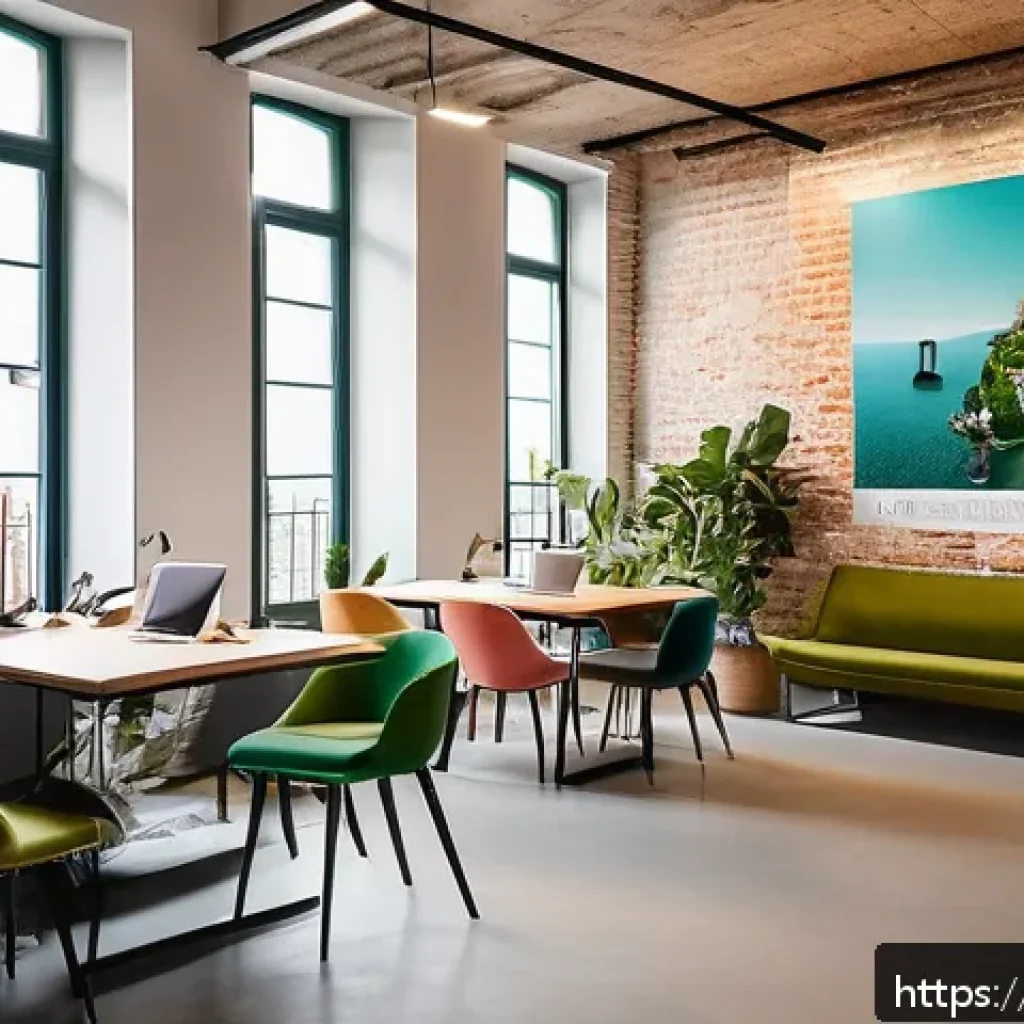 레크리에이션 업무에서의 창의성 발휘 - A modern creative office space in Italy, filled with warm natural light and decorated with vibrant c...