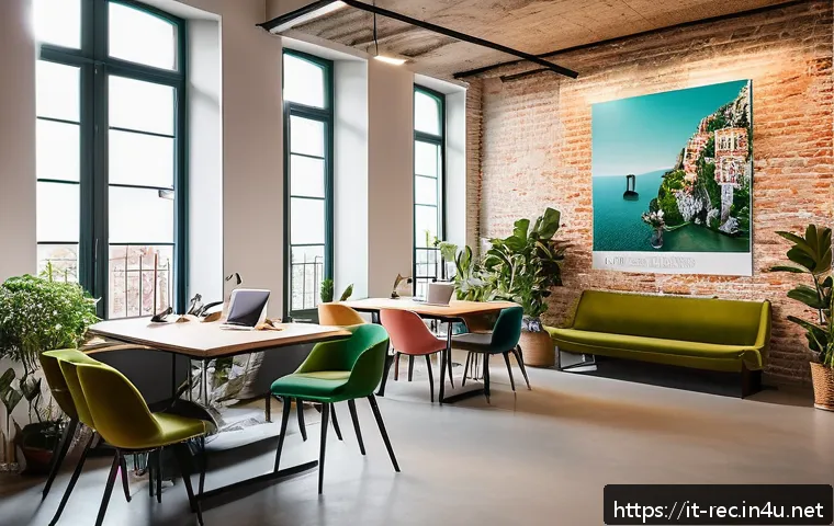 레크리에이션 업무에서의 창의성 발휘 - A modern creative office space in Italy, filled with warm natural light and decorated with vibrant c...
