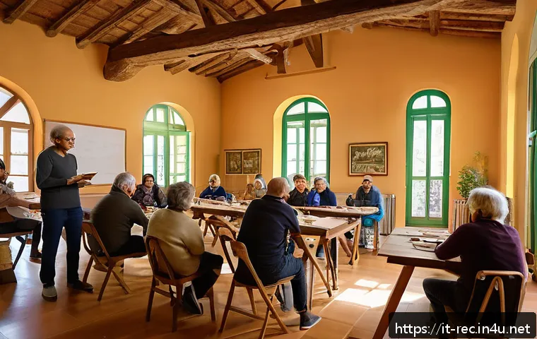 레크리에이션 지도자와 직업 만족도 - A warm and engaging workshop scene in an Italian community center, featuring a diverse group of adul...