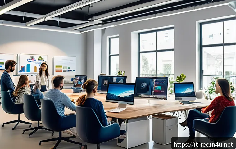 레크리에이션 지도자와 디지털 도구 활용 - A modern creative workspace featuring a diverse team of professionals collaborating via digital tool...