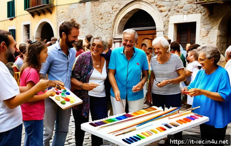 레크리에이션 지도자의 역할과 책임 - A diverse group of people at a vibrant outdoor summer event in an Italian village square, including ...
