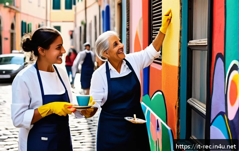 레크리에이션 지도자와 지역사회 연결 - A vibrant urban street art scene in an Italian neighborhood, showcasing diverse community members ac...