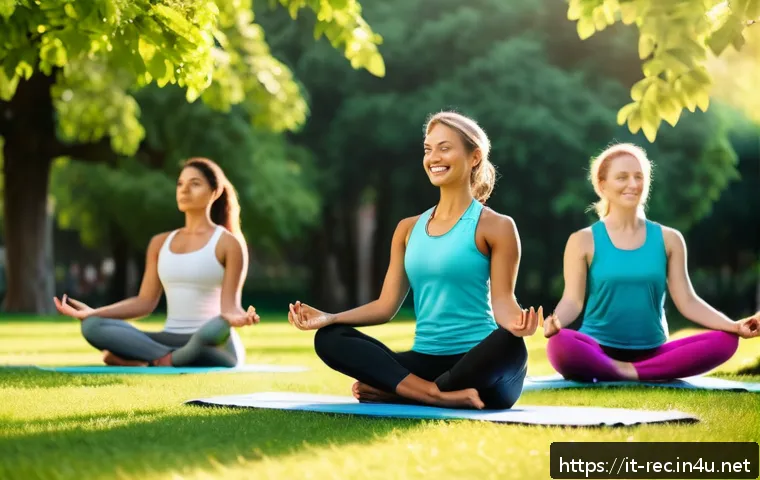 레크리에이션 지도자의 경력개발 계획 - A vibrant outdoor yoga class in an Italian park during early morning, featuring a diverse group of a...