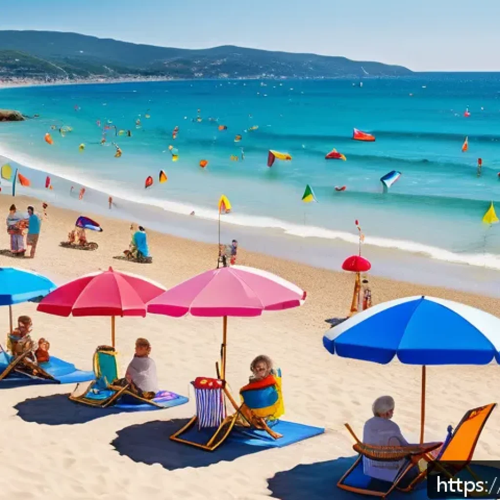 레크리에이션 활동별 사전 준비 체크리스트 - A vibrant beach scene in Italy on a sunny day featuring a family with children playing safely near c...