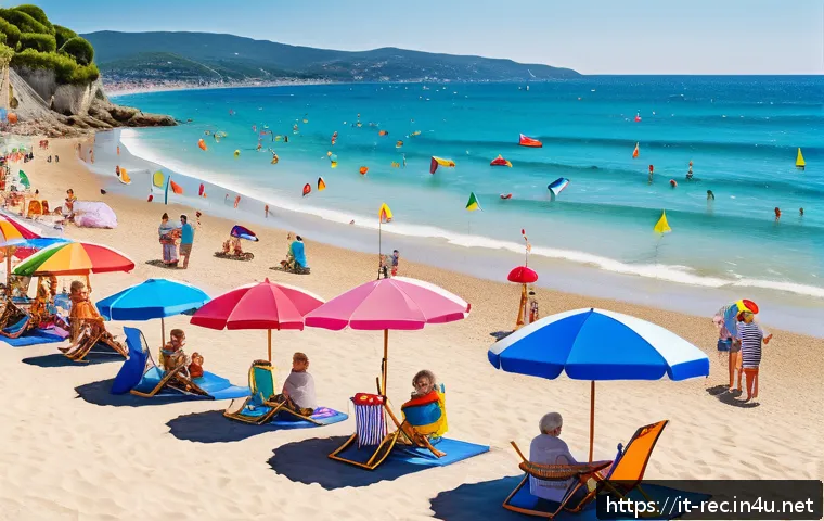 레크리에이션 활동별 사전 준비 체크리스트 - A vibrant beach scene in Italy on a sunny day featuring a family with children playing safely near c...