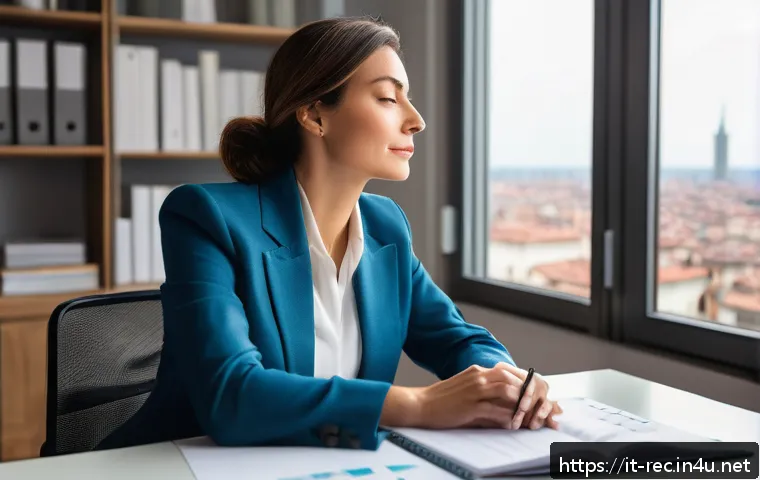 레크리에이션 지도자와 직무 스트레스 - A serene office setting featuring a professional Italian woman in stylish business casual attire tak...