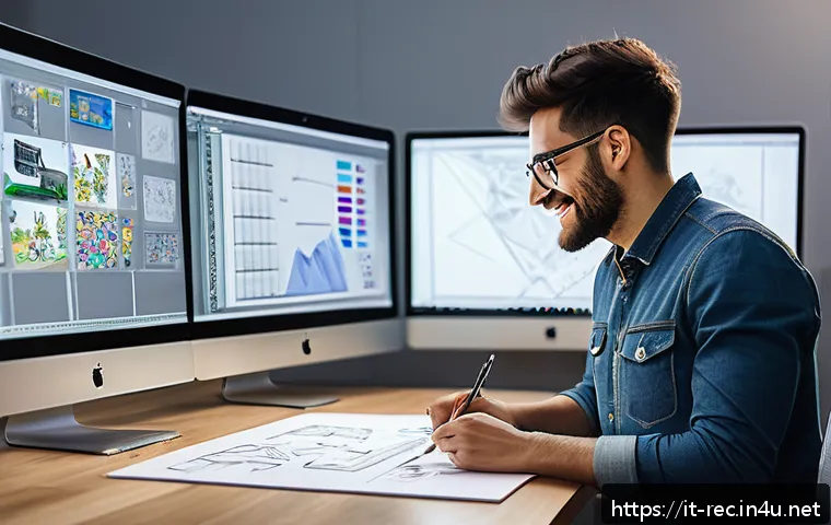 레크리에이션 지도자 이직 성공 사례 - A professional digital animator at work in a modern creative studio, surrounded by multiple monitors...