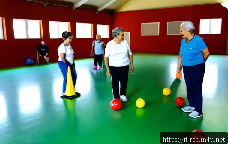 레크리에이션 지도자 협업 사례 - Photorealistic community recreation leaders collaborating in a bright Italian municipal sports hall,...